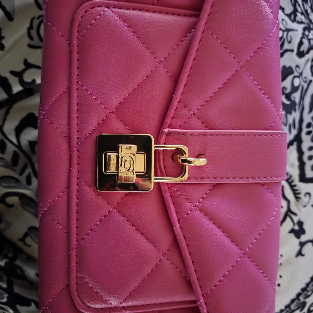 bebe Fuchsia Quilted Clutch with Gold Clasp